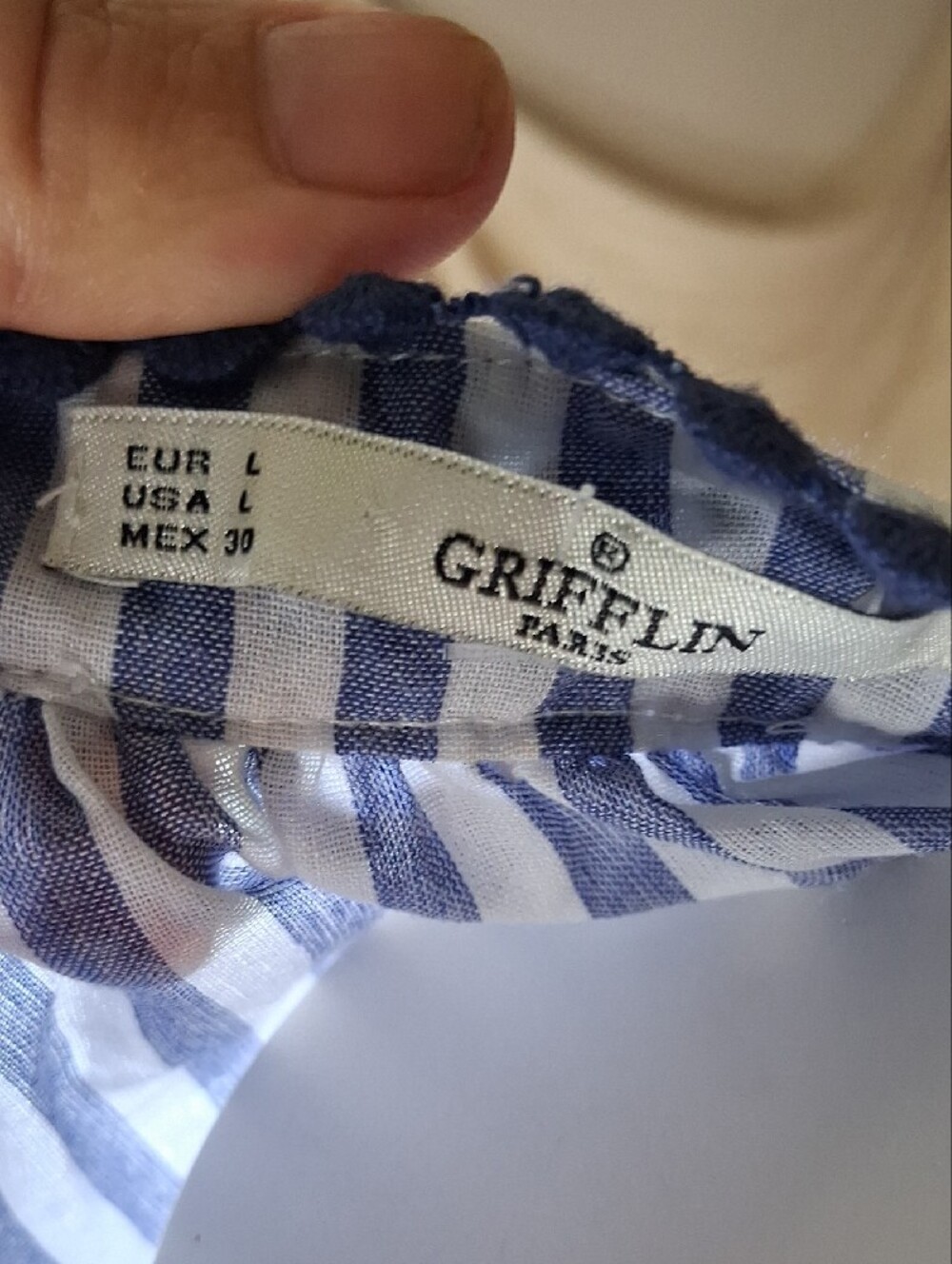Gryfflin Paris Striped Blue & White Tie-Front Peasant Top L - Picture 2 of 3